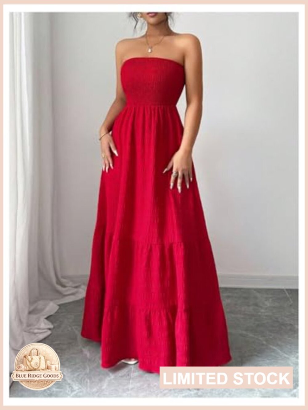 Strapless Tube Top Maxi Dress Smocked A Line Tiered Ruffle Flowy Party - Picture 5 of 5